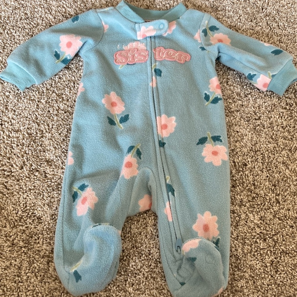 Newborn Little Sister Footed Pajama Blue Floral